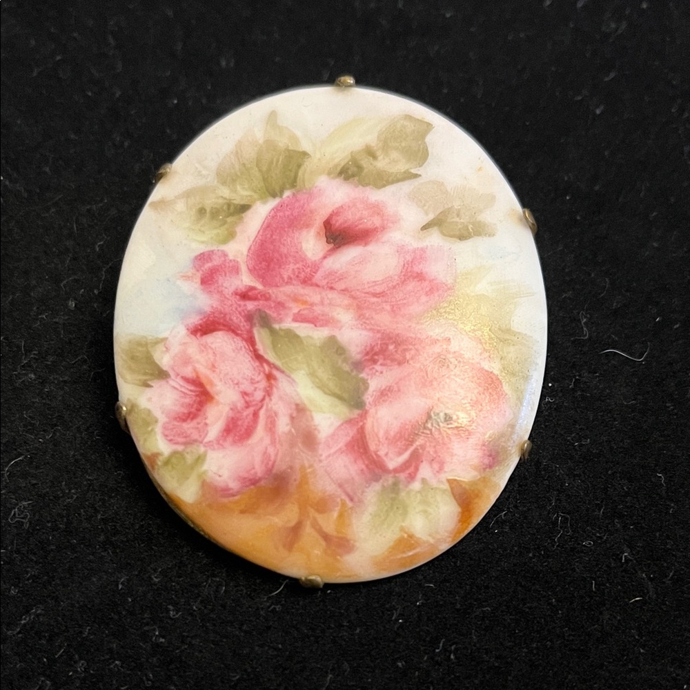 Vintage 1950 Floral Porcelain Brooch with Pink and Green Accents